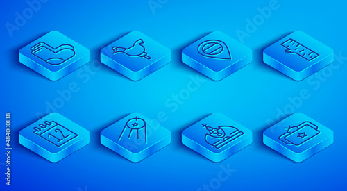 Set line Valenki, Cockerel lollipop, Location Russia, Satellite, King crown, Birch tree, Calendar 12 june and Ushanka icon. Vector