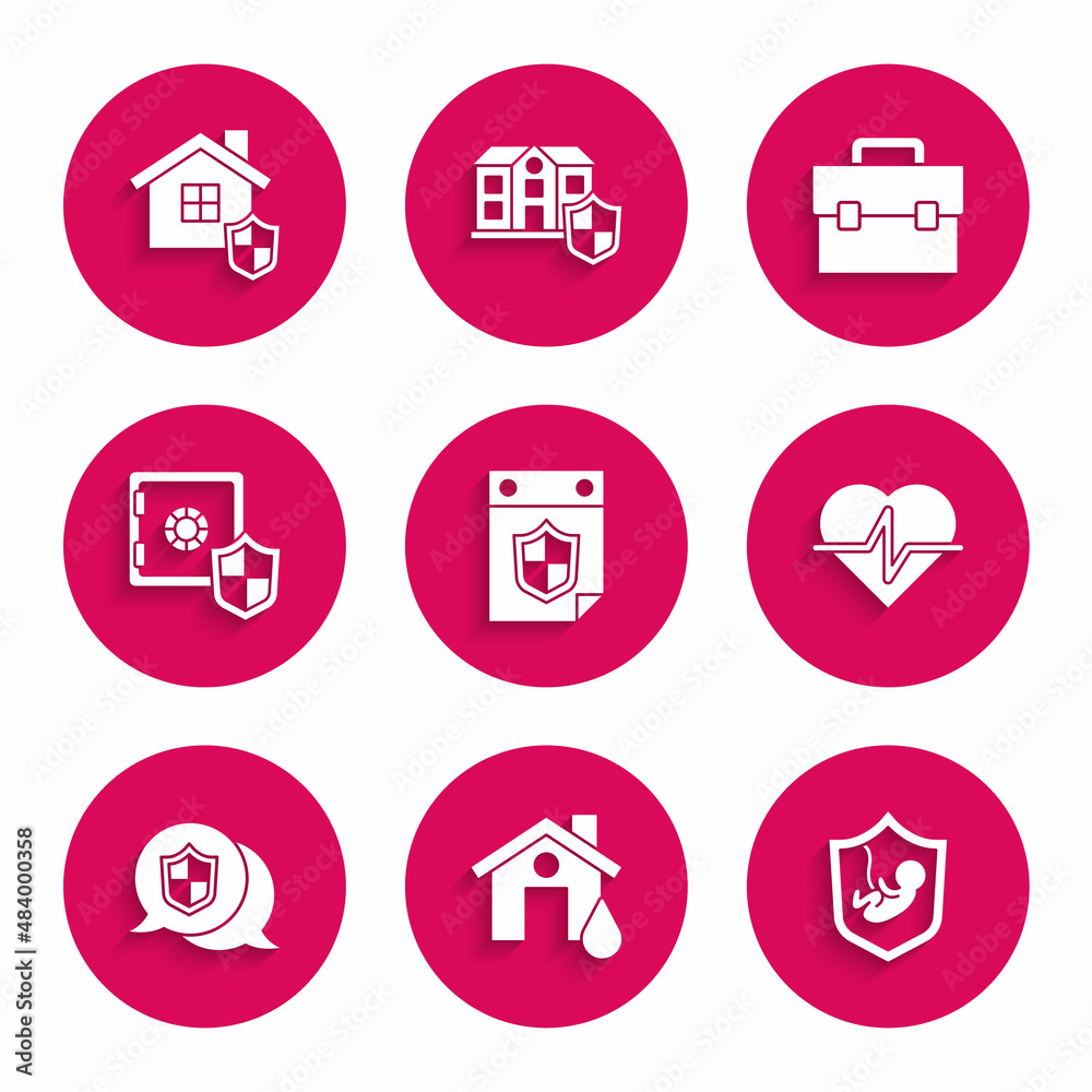 Set Calendar with shield, House flood, Life insurance, Location, Safe, Briefcase and icon. Vector Set Calendar with shield, House flood, Life insurance, Location, Safe, Briefcase and icon. Vector