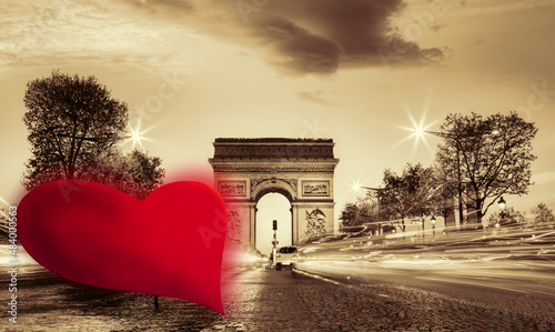 Arc de Triumph against red heart on Champs-Elysees street, Happy Valentine's Day, Paris in love, France