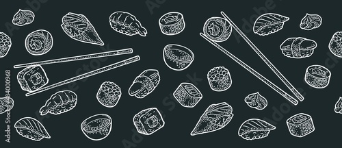 Set Sushi. Vintage black vector engraving. Isolated on white background. photo