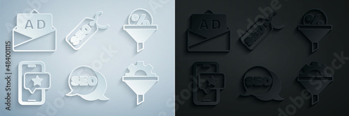 Set SEO optimization, Lead management, Mobile with review rating, Sales funnel gear, and Advertising icon. Vector