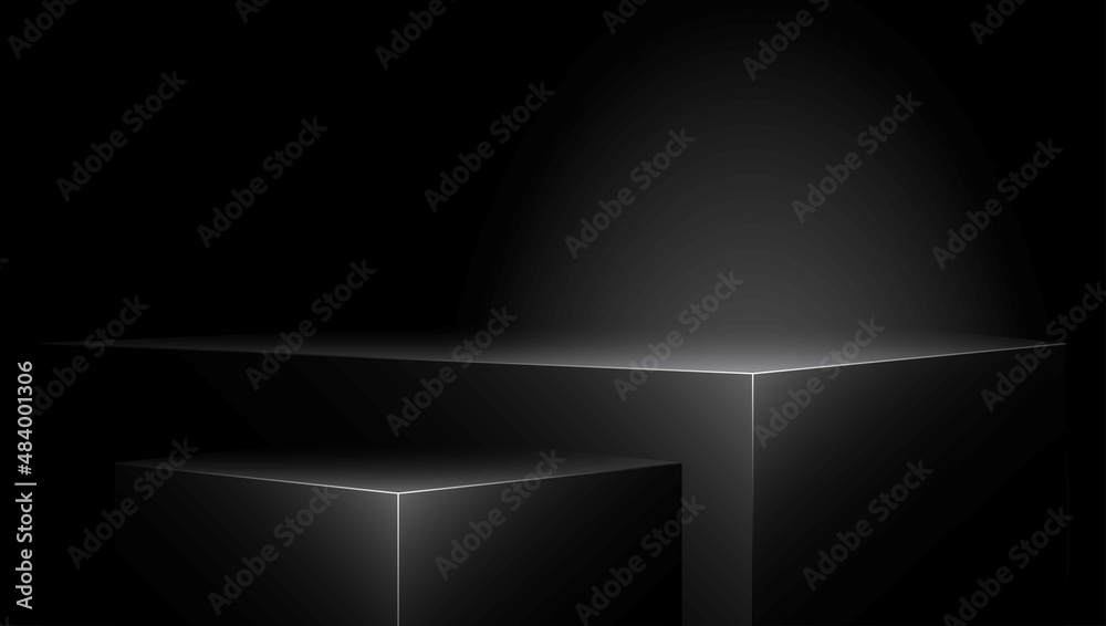 Geometric shapes platforms for product presentation. Black box stand for product display. Abstract product pedestal. Vector template. - obrazy, fototapety, plakaty 