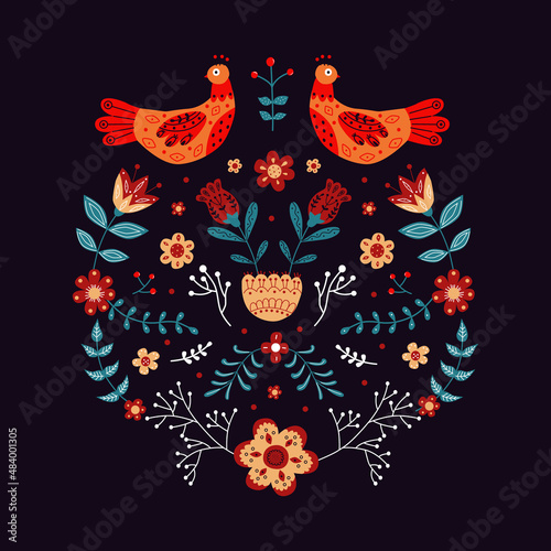 Vector ornament with various birds, flowers and leaves with different folk compositions. Motif in scandinavan style. Ethnic flat illustration with nordic detailed in trendy colors