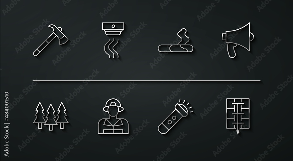 Set line Firefighter axe, Forest, Megaphone, Flashlight, Smoke alarm system, Evacuation plan and Cigarette icon. Vector Set line Firefighter axe, Forest, Megaphone, Flashlight, Smoke alarm system, Evacuation plan and Cigarette icon. Vector