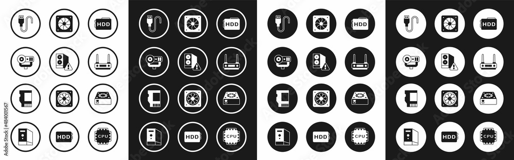 Set Hard disk drive HDD, Case of computer, Web camera, USB cable cord, Router and wi-fi signal, Computer cooler, and SD card icon. Vector Set Hard disk drive HDD, Case of computer, Web camera, USB cable cord, Router and wi-fi signal, Computer cooler, and SD card icon. Vector