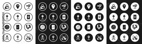 Set Road traffic sign, Stop, Traffic turn left, Folded map with location marker, City navigation, Cafe and restaurant, and Radar targets monitor icon. Vector