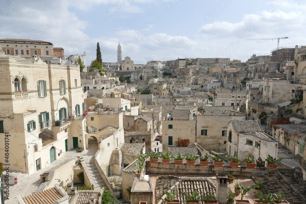 Guerricchio viewpoint in Matera on the old city with the Cathedral on the hill in the background