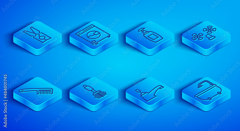 Set line Clothes pin, Washer, Bottle of liquid soap, Toilet brush, Water tap, Hairbrush and Bathtub icon. Vector Set line Clothes pin, Washer, Bottle of liquid soap, Toilet brush, Water tap, Hairbrush and Bathtub icon. Vector