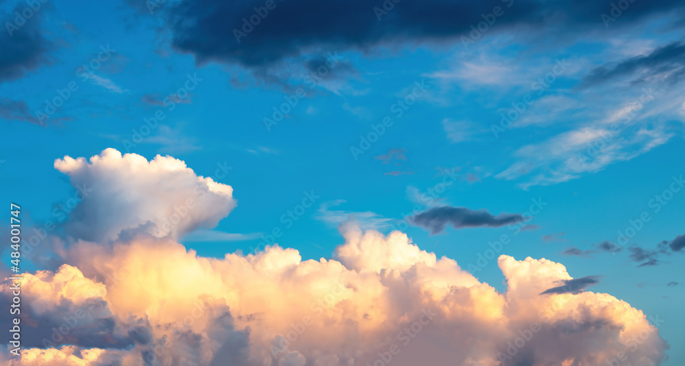 Twilight light color the cloudy sky. Cloud on blue sky background. Cloudscape grey and orange shade.