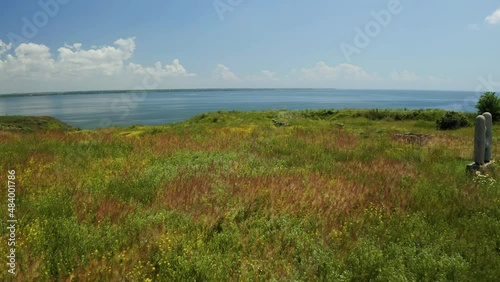 Low aerial shot of National Historical and Archaeological Reserve Olvia, Mykolaiv region, Ukraine.