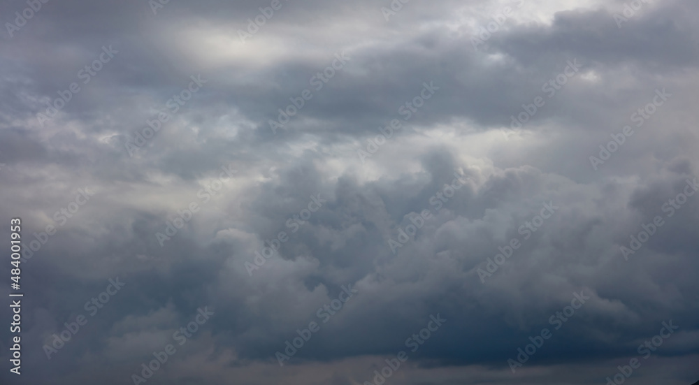 Storm cloud sky background. Grey color cloudscape, gloomy weather