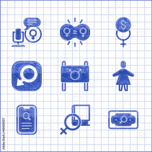 Set Feminist activist, Book about women, Money growth woman, Female, Dating app, Male gender, Feminism finance and Microphone icon. Vector