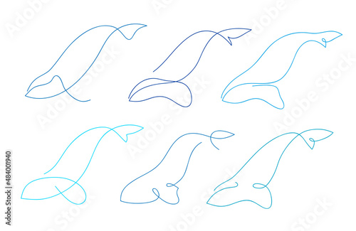 One line whale design silhouette set. Logo design. Hand drawn minimalism style vector illustration.