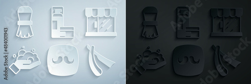 Set Barbershop, building, Shaving foam on hand, Straight razor, gel and brush icon. Vector