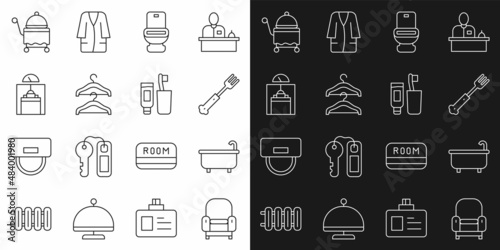 Set line Armchair, Bathtub, Fork, Toilet bowl, Hanger wardrobe, Lift, Covered with tray and Toothbrush and toothpaste icon. Vector