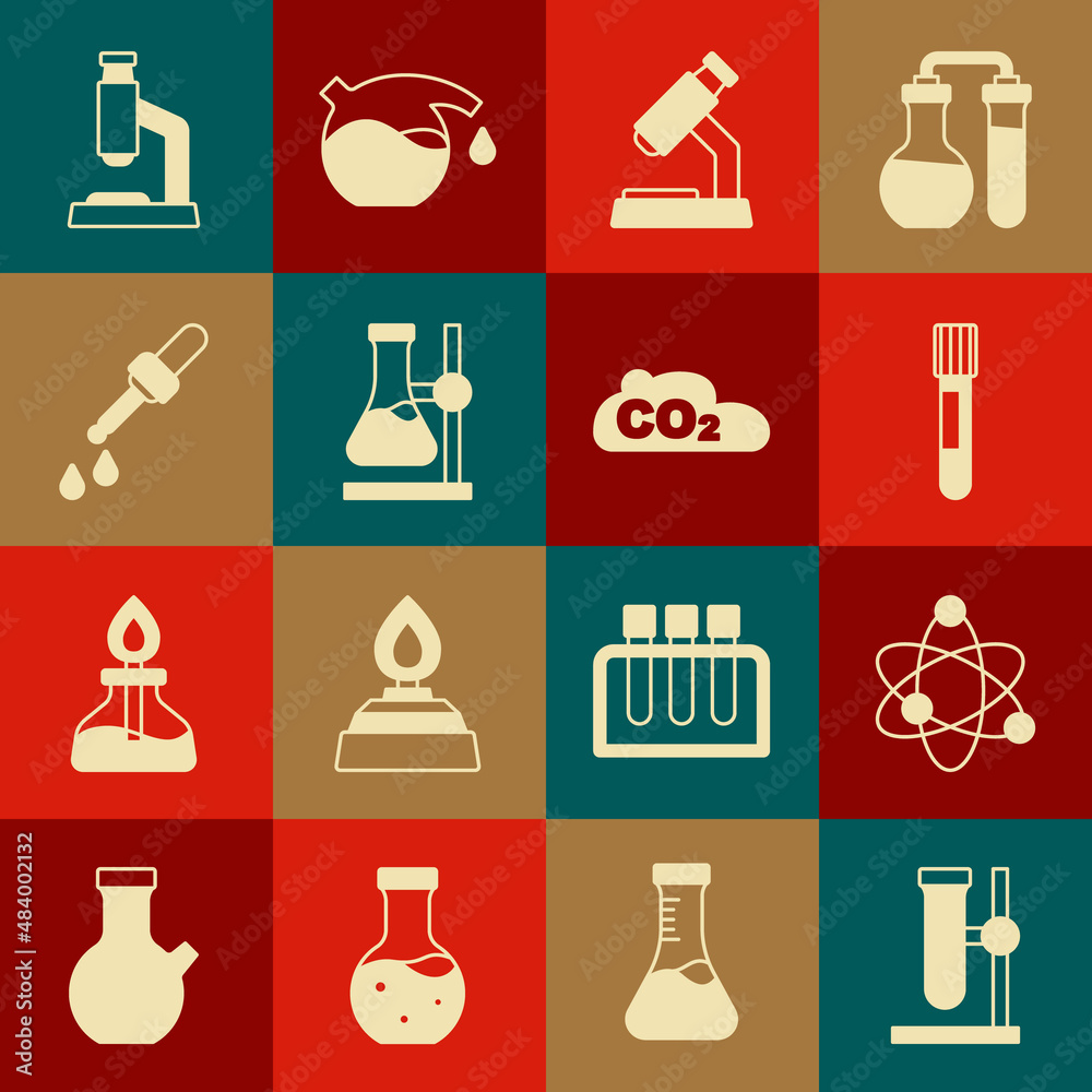 Set Test tube flask on stand, Atom, Microscope, Pipette, and CO2 emissions in cloud icon. Vector Set Test tube flask on stand, Atom, Microscope, Pipette, and CO2 emissions in cloud icon. Vector
