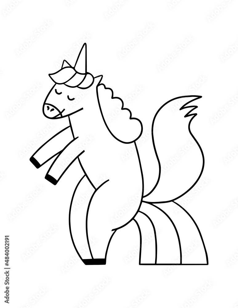 Obraz premium Coloring page illustration with unicorn pooping rainbow. Fun horse drawing.