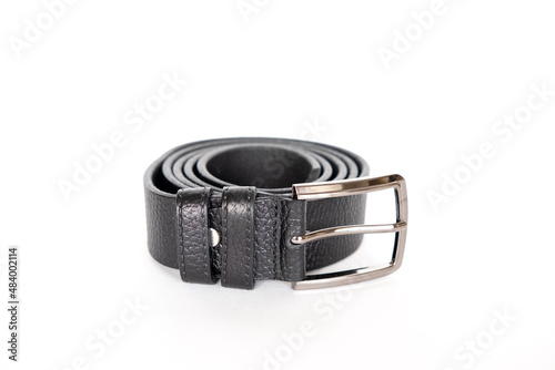 Mens black genuine leather belt Isolated over white background with clipping path included