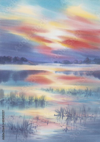 Evening sky by the lake with clouds watercolor background