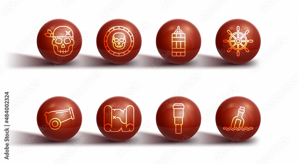 Set line Skull, Cannon, Ship steering wheel, Spyglass telescope lens, Pirate treasure map, coin, Bottle with message water and Dynamite bomb icon. Vector Set line Skull, Cannon, Ship steering wheel, Spyglass telescope lens, Pirate treasure map, coin, Bottle with message water and Dynamite bomb icon. Vector