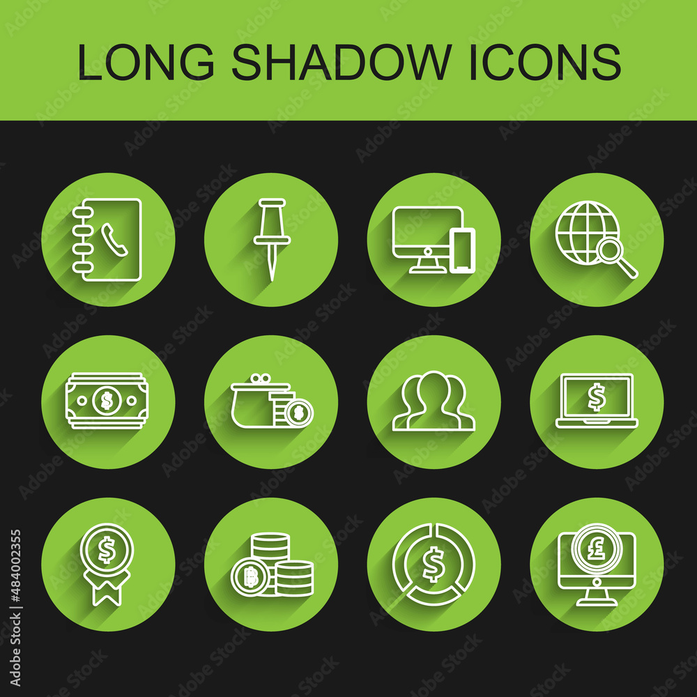 Set line Reward for good work, Cryptocurrency coin Bitcoin, Address book, Coin money with dollar symbol, Computer monitor pound sterling, Wallet coins, Laptop and Users group icon. Vector Set line Reward for good work, Cryptocurrency coin Bitcoin, Address book, Coin money with dollar symbol, Computer monitor pound sterling, Wallet coins, Laptop and Users group icon. Vector