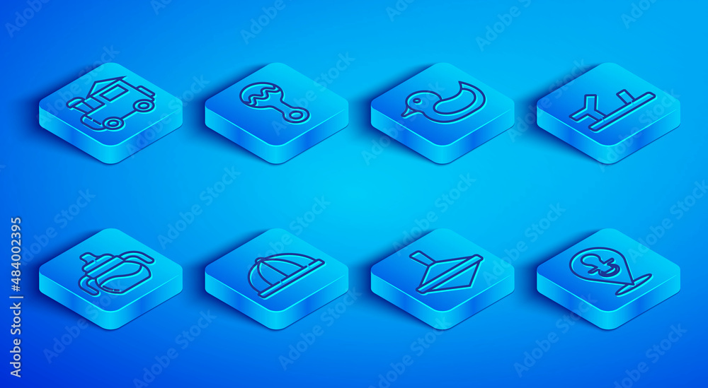 Set line Toy train, Rattle baby toy, Rubber duck, Baby hat, Whirligig, shoes, bottle and dummy pacifier icon. Vector Set line Toy train, Rattle baby toy, Rubber duck, Baby hat, Whirligig, shoes, bottle and dummy pacifier icon. Vector
