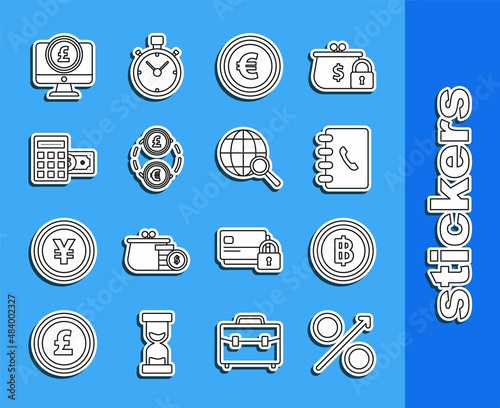 Set line Percent up arrow, Address book, Coin money with euro symbol, Money exchange, Calculator dollar, Computer monitor pound sterling and Magnifying glass globe icon. Vector