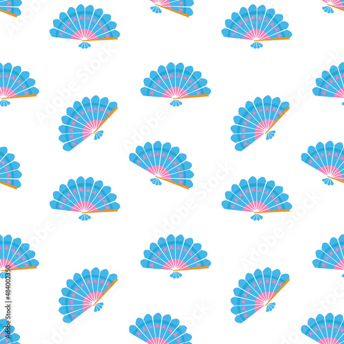 Seamless pattern with blue cute fans on a white background. Vector illustration in a minimalistic flat style  hand drawn. Print for textiles  print design  postcards.