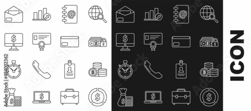 Set line Coin money with dollar symbol, Cryptocurrency coin Bitcoin, Money lock, Address book, Certificate template, Computer monitor, Envelope and icon. Vector