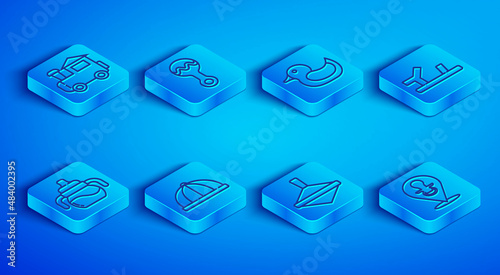 Set line Toy train, Rattle baby toy, Rubber duck, Baby hat, Whirligig, shoes, bottle and dummy pacifier icon. Vector