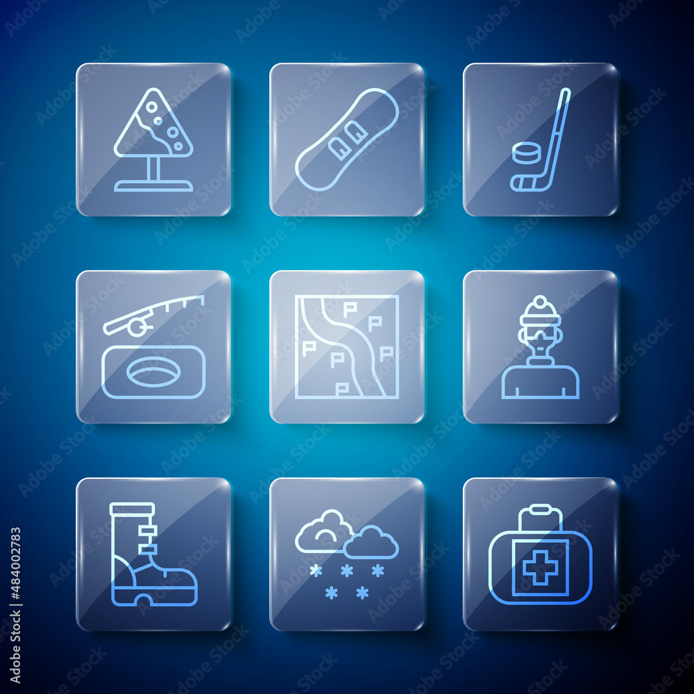 Set line Waterproof rubber boot, Cloud with snow, First aid kit, Ice hockey stick and puck, Route location, Winter fishing, Road sign avalanches and athlete icon. Vector Set line Waterproof rubber boot, Cloud with snow, First aid kit, Ice hockey stick and puck, Route location, Winter fishing, Road sign avalanches and athlete icon. Vector