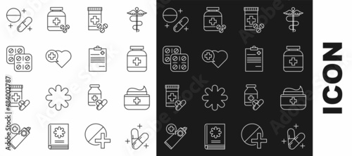 Set line Medicine pill or tablet, Ointment cream tube medicine, bottle, and pills, Heart with cross, Pills blister pack, and Medical clipboard clinical record icon. Vector