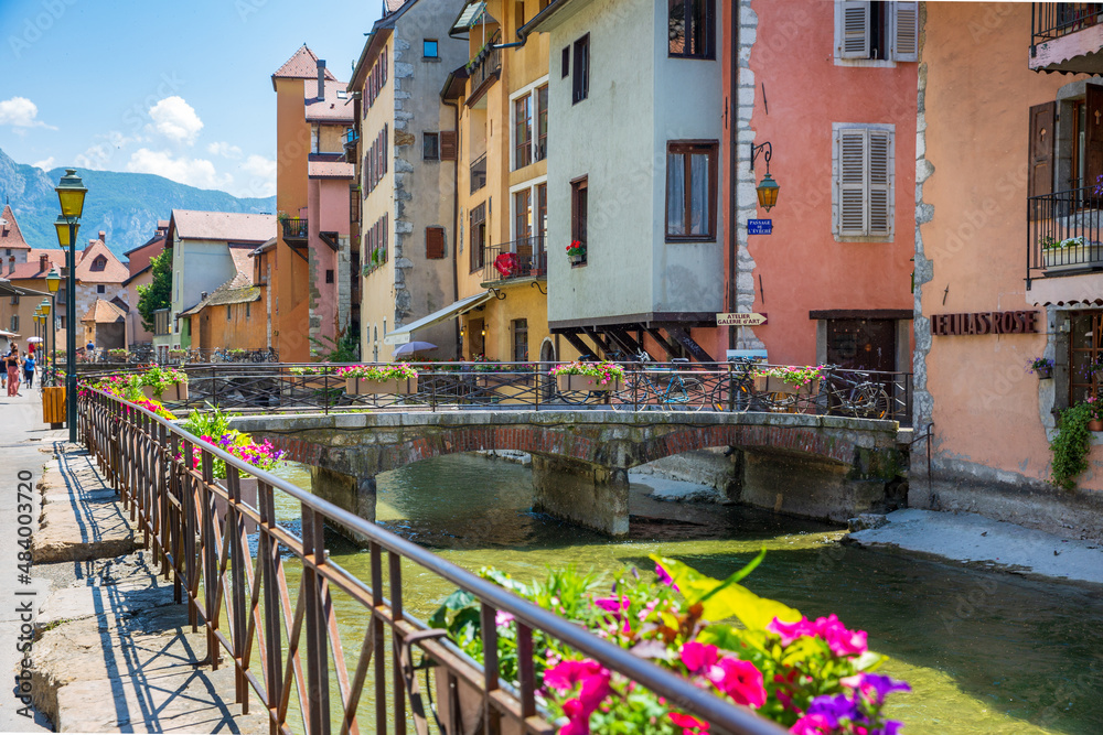 The quaint row houses and canal view of the downtown area of Annecy, France