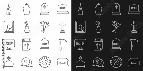 Set line Coffin with cross, Scythe, Grave, tombstone, Flower vase, Mourning photo frame, Church building and icon. Vector