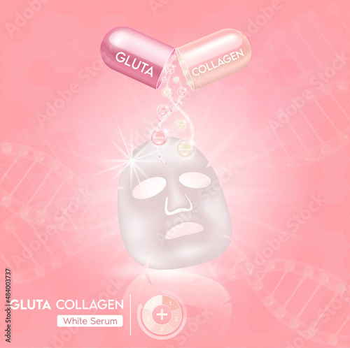 Pink glutathione and collagen pack with capsule and the third ingredient can be separated. photo
