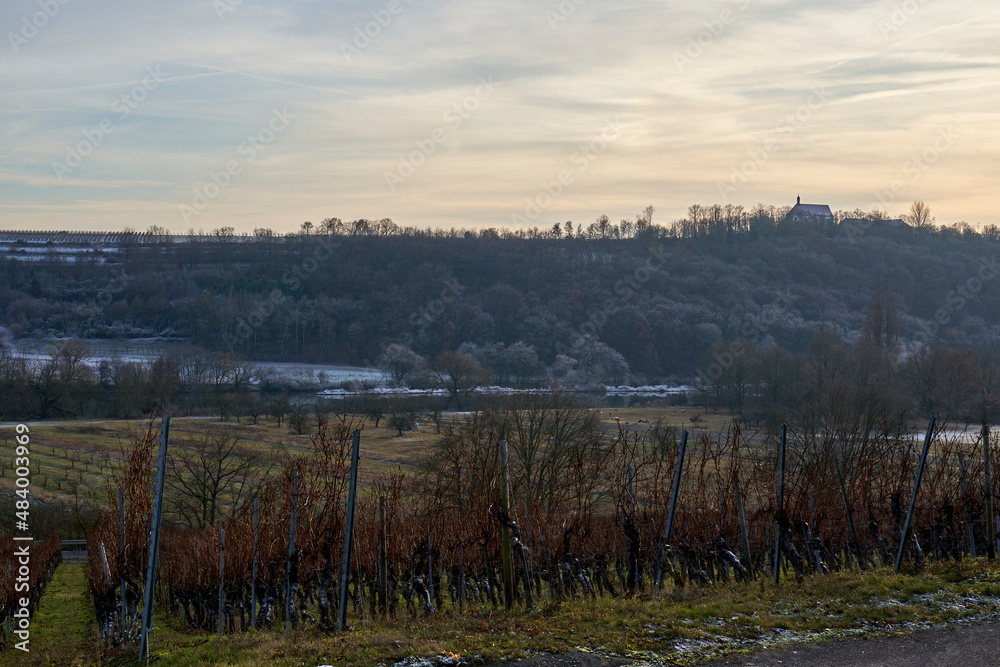 Fototapeta premium Mainschleife und Weinberge bei Fahr am Main mit der Vogelsburg im Hintergrund, Landkreis Kitzingen, Unterfranken, Franken, Bayern, Deutschland