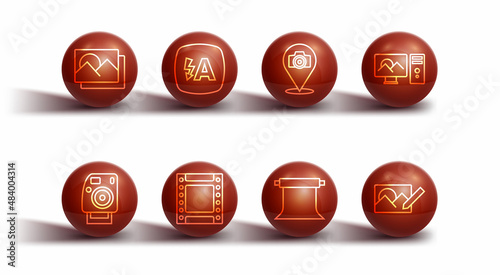 Set line Photo frame, camera, retouching, Empty photo studio, Camera roll cartridge, Auto flash, and icon. Vector