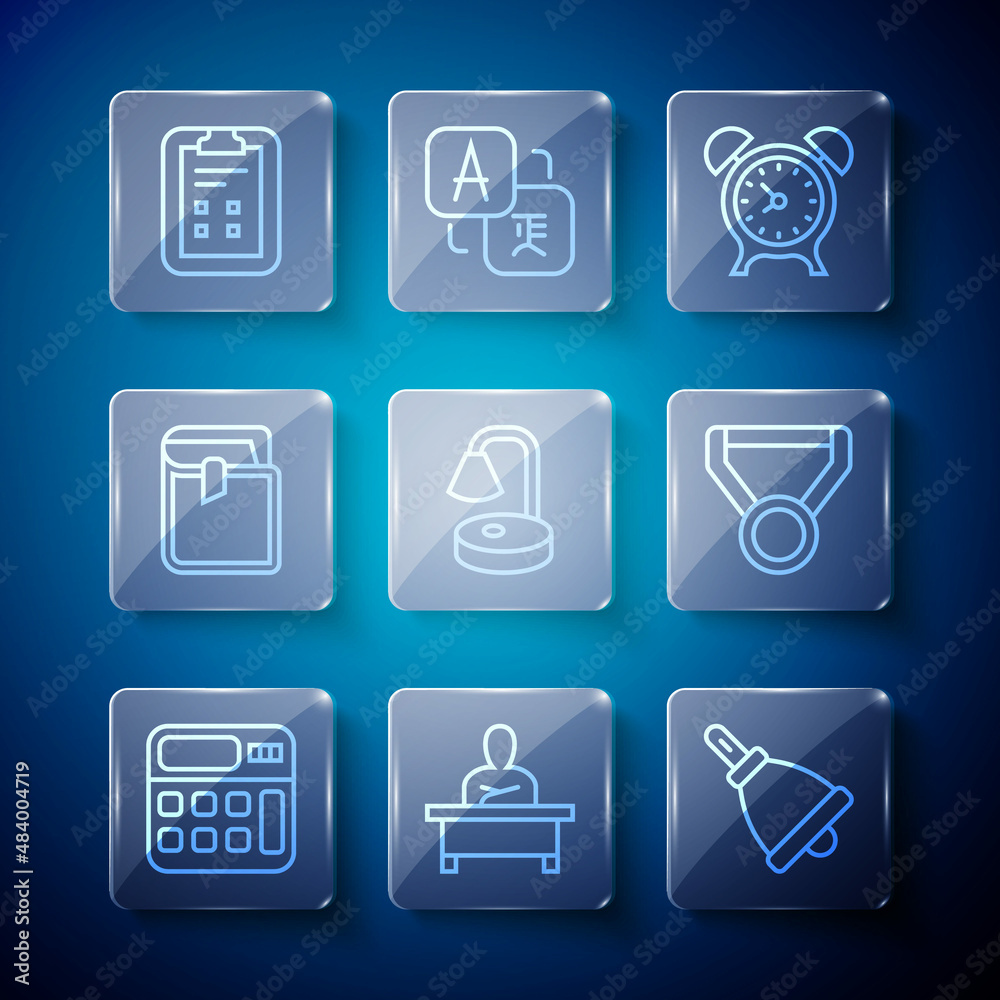 Set line Calculator, Schoolboy sitting desk, Ringing bell, Alarm clock, Table lamp, Book, Exam sheet with check mark and Medal icon. Vector Set line Calculator, Schoolboy sitting desk, Ringing bell, Alarm clock, Table lamp, Book, Exam sheet with check mark and Medal icon. Vector