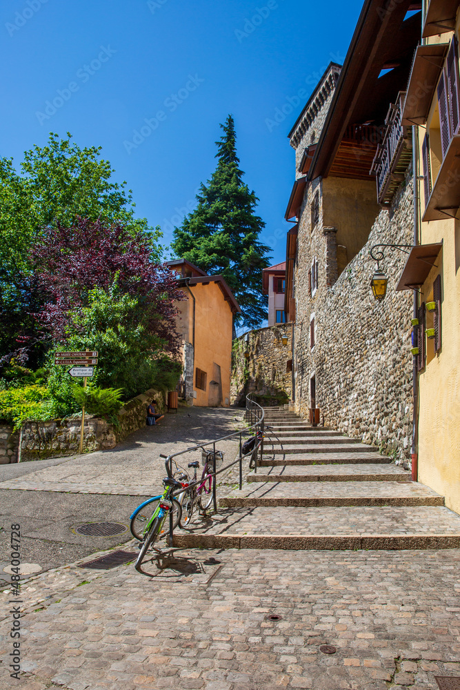 Cobblestones Stairway and Bicycles in Annecy, France