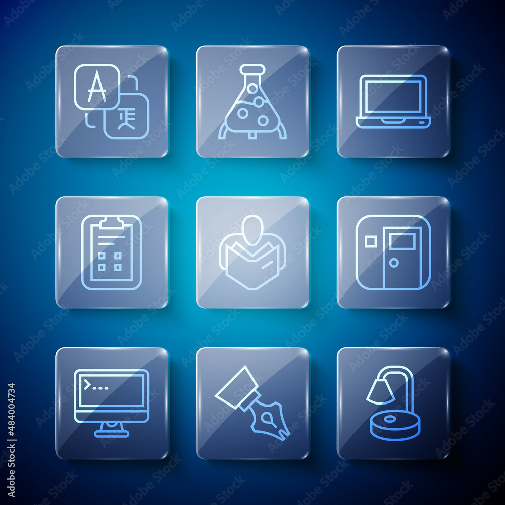 Set line Computer monitor, Fountain pen nib, Table lamp, Laptop, Man reading book, Exam sheet with check mark, Translator and School classroom icon. Vector Set line Computer monitor, Fountain pen nib, Table lamp, Laptop, Man reading book, Exam sheet with check mark, Translator and School classroom icon. Vector