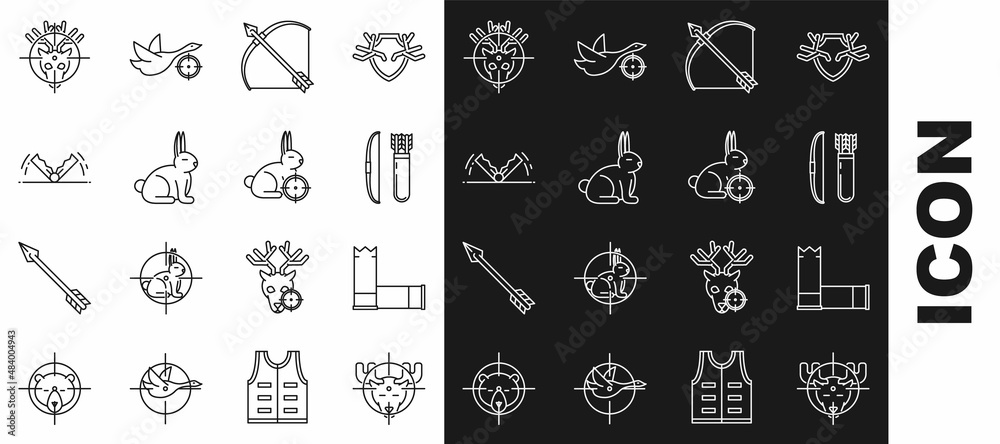Set line Hunt on moose with crosshairs, Cartridges, Bow and arrow in quiver, Rabbit, Trap hunting, deer and rabbit icon. Vector Set line Hunt on moose with crosshairs, Cartridges, Bow and arrow in quiver, Rabbit, Trap hunting, deer and rabbit icon. Vector