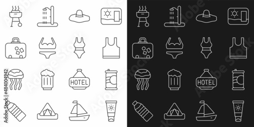 Set line Sunscreen cream in tube, Soda can, Sleeveless T-shirt, Elegant women hat, Swimsuit, Suitcase, Barbecue grill and icon. Vector