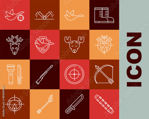 Set line Hunting cartridge belt with cartridges, Bow and arrow quiver, on deer crosshairs, Flying duck, shield, Deer head antlers, and Moose horns icon. Vector