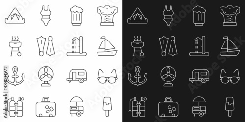 Set line Ice cream, Glasses, Yacht sailboat, Wooden beer mug, Rubber flippers for swimming, Barbecue grill, Tourist tent and Beach shower icon. Vector