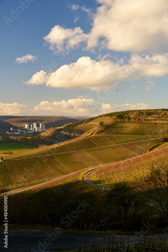 Landschaft und Weinberge zwischen Himmelstadt am Main und Stetten mit Blick in das Maintal am Abend  Landkreis Main-Spessart  Unterfranken  Bayern  Deutschland