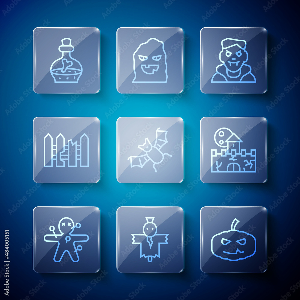 Set line Voodoo doll, Scarecrow, Pumpkin, Vampire, Flying bat, Garden fence wooden, Bottle with potion and Castle, fortress icon. Vector Set line Voodoo doll, Scarecrow, Pumpkin, Vampire, Flying bat, Garden fence wooden, Bottle with potion and Castle, fortress icon. Vector