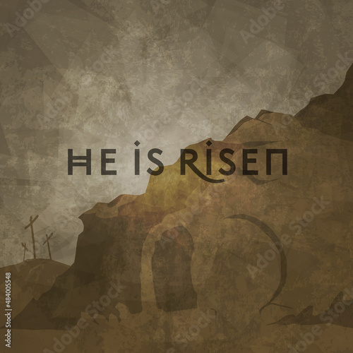 Abstract and stylized image of empty tomb of Jesus Christ, who rose from the dead on the third day. Aged and textured image with hues of gold, brown and gray. “He is Risen” type over image.
