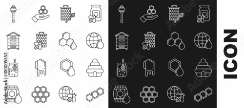 Set line Honeycomb, Hive for bees, map of the world, with honey dipper stickicon, Bee and honeycomb, and icon. Vector