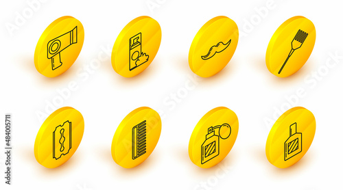 Set line Aftershave, Hairbrush, Blade razor, Mustache, Shaving gel foam and dryer icon. Vector