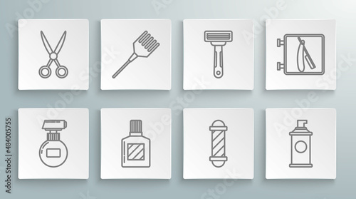 Set line Cream or lotion cosmetic tube, Hairbrush, Aftershave, Classic Barber shop pole, Shaving gel foam, razor, Barbershop with and Scissors hairdresser icon. Vector